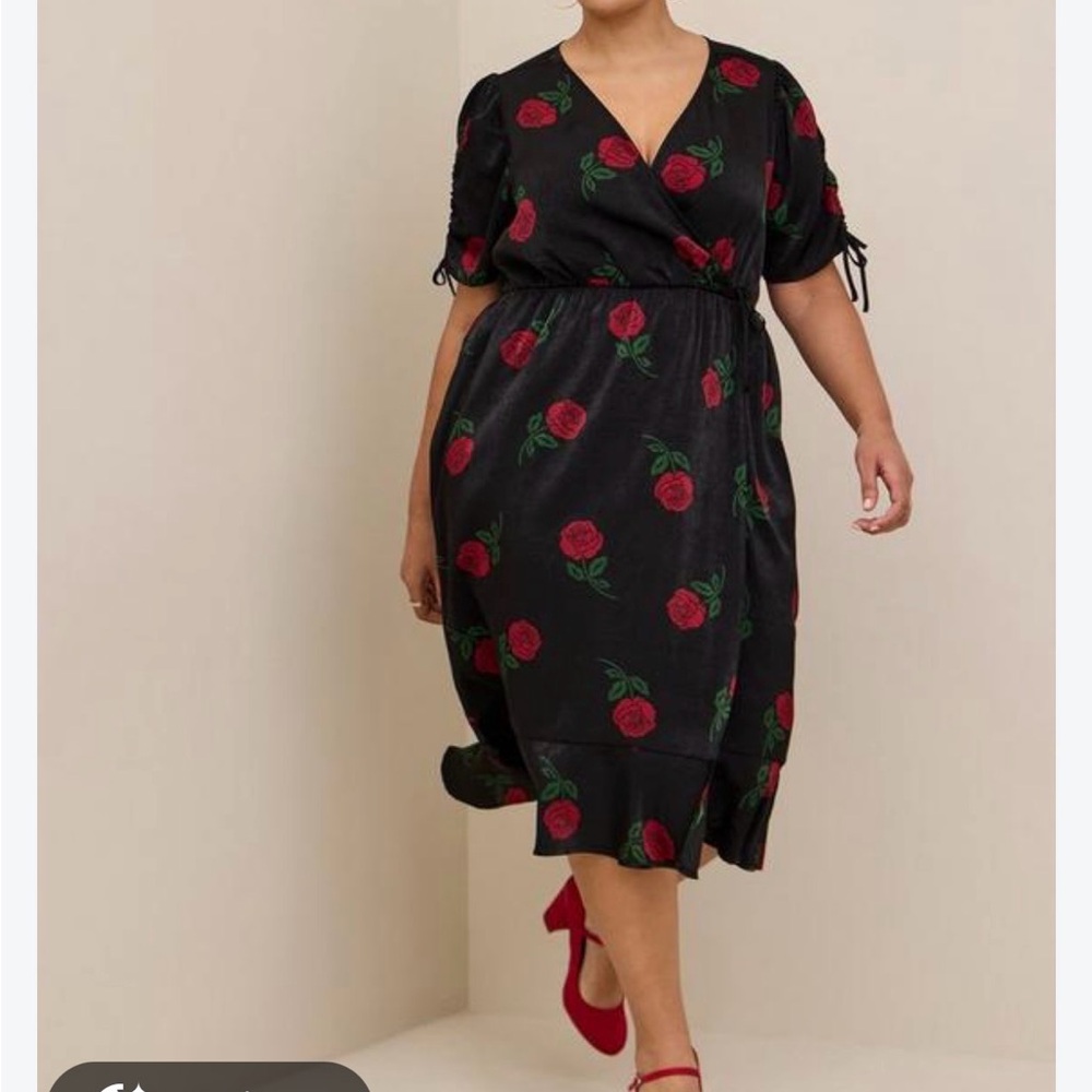 Torrid Black Floral Wrap Midi Dress with Red Rose Print